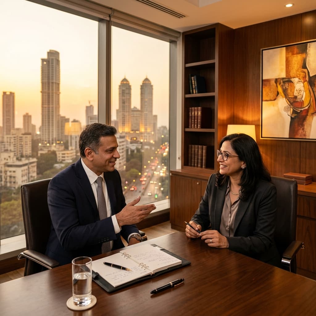 Fractional CMO Leadership — Two people in conversation across a table, boardroom light